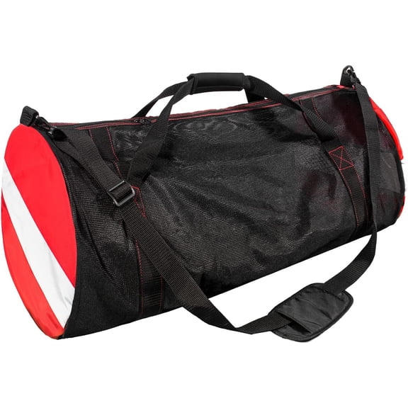 Mesh Duffle Bag, Large Dive Bag with Padded Removeable Adjustable Strap and Wrap Handle, Scuba Gear Bags for Diving, Snorkeling, Freediving, Swimming, Spearfishing, Beach (Black)