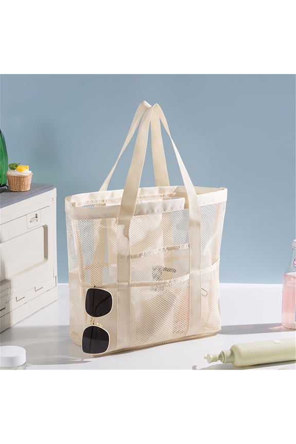 Mesh Fabric Travel Storage Bag Large Capacity Visual Partition, Quick-Drain Bottom, Multi-Pocket Handbag for Beach Outdoor, 45x15x34cm