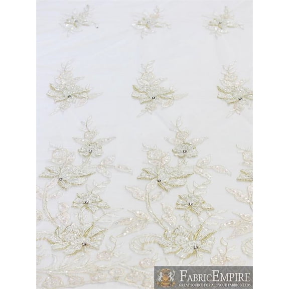 Mesh Fabric Vintage Floral Wedding Embroidered Hand Beaded WHITE(Sold By The Yard)