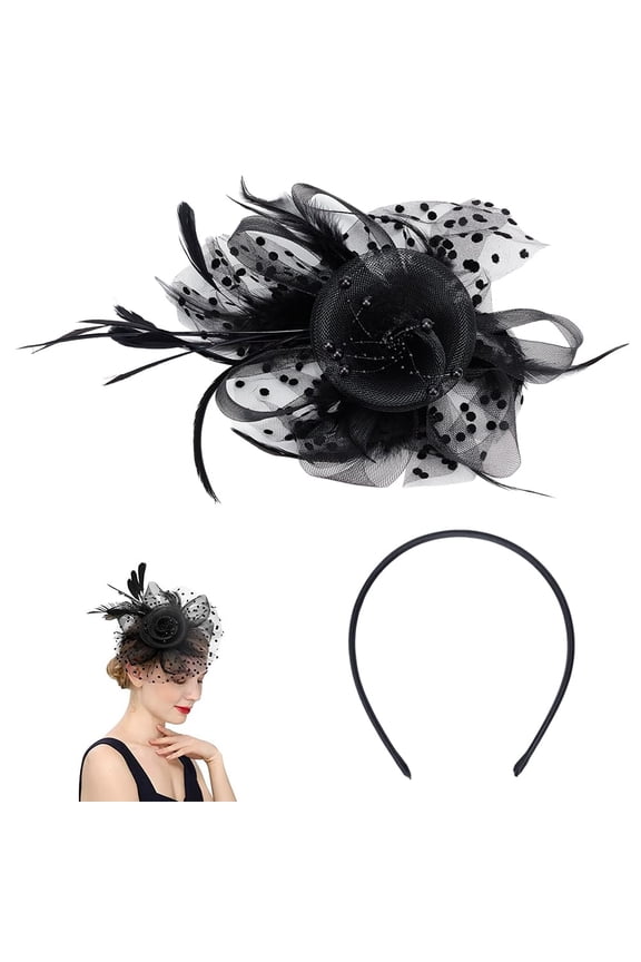 Mesh Feathers Hair Clip with Hairbands Black 20s Flapper Headpiece for Tea Party Wedding Cocktail Flower Fascinator Hat for Women Floral Mesh Ribbons Feathers Hair Clip for Lady diy