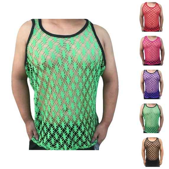 Mesh Fishnet Tank Tops Men Hollow out See through Fitted Muscle Sleeveless Shirt Nightclub Workout Beach Shirts