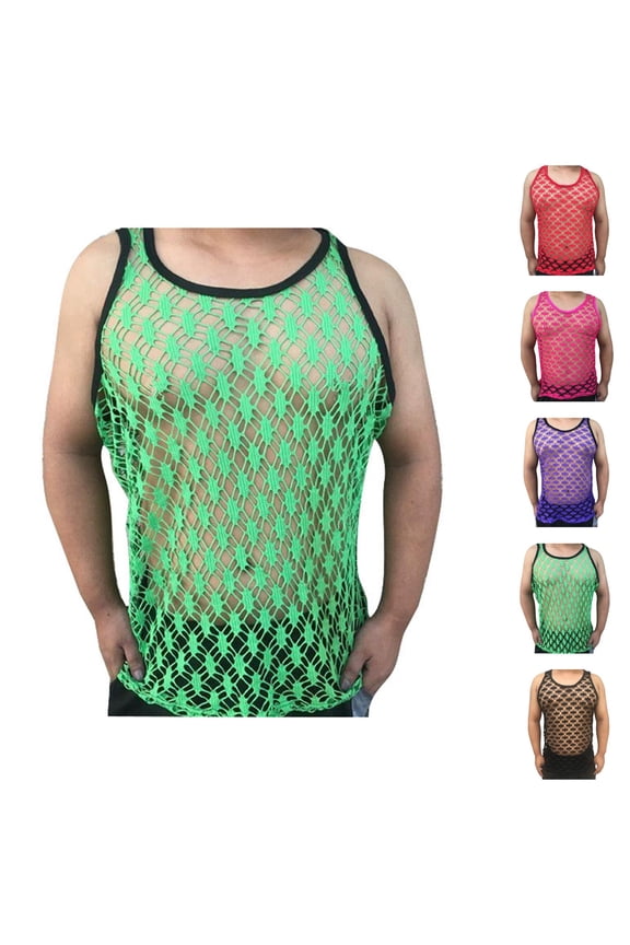 Mesh Fishnet Tank Tops Men Hollow out See through Fitted Muscle Sleeveless Shirt Nightclub Workout Beach Shirts