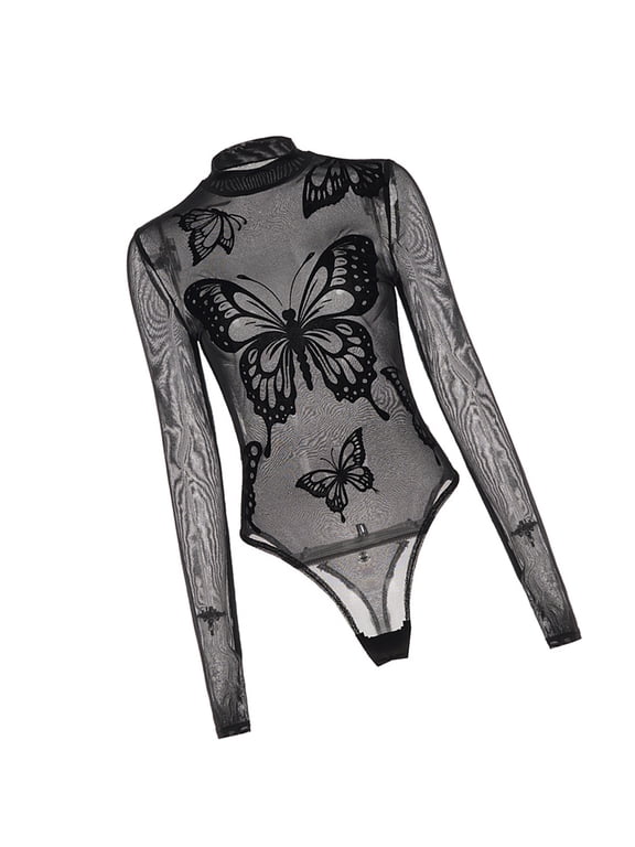 Mesh Fitted Jumpsuit For Women Sheer Butterfly Pattern Mock Neck Stretchy Fabric Long Sleeve Bodysuit Party Outfit