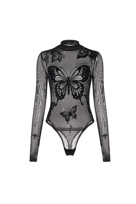 Mesh Fitted Jumpsuit For Women Sheer Butterfly Pattern Mock Neck Stretchy Fabric Long Sleeve Bodysuit Party Outfit