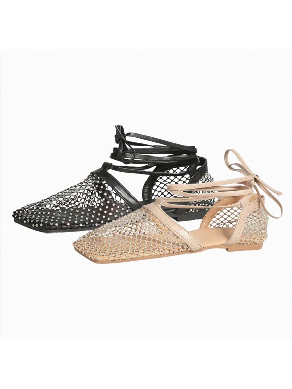 Mesh Flat Sandals for Women Fishnet Shiny Rhinestone Short Boots Strappy Close Toe Sparkly Slip on Comfortable Casual Beach Shoes