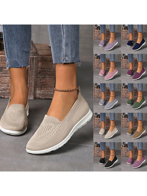 Mesh Flat for Women Sneakers Comfortable Thick Insole Non Slip Breathable Elastic Woven Knitting Solid Color Slip-on Shoes Comfy Lightweight Walking Daily Tennis Gym Casual Wedge Office Loafers