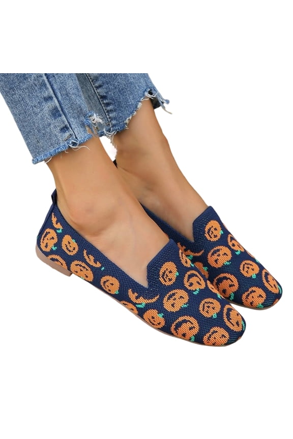 Mesh Flats,Women Halloween Face All Over Print Pointed Toe Mesh Ballet Flats,Flexible Anti-Slip Outsole, Holiday Pattern Upper, Light Slip-On for Daily Commute Shopping All Season Wear,Dark Blue 6