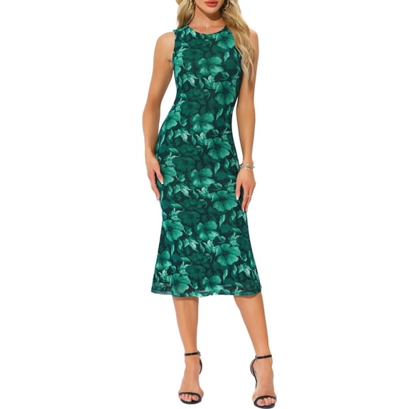 Mesh Floral Dress for Women's Sleeveless Crew Neck Cocktail Party Midi Dresses L Dark Green