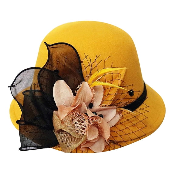 Mesh Floral Wool Fisherman Hat, Retro Round Top Bucket Cap, Autumn Winter Warm Headwear, Women Soft Elegant Stylish Hat for Outing Leisure Gathering Cold Resistant European Head Cap,Yellow