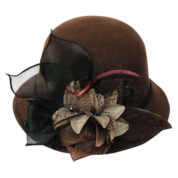 Mesh Floral Wool Fisherman Hat, Retro Round Top Bucket Cap, Autumn Winter Warm Headwear, Women Soft Elegant Stylish Hat for Outing Leisure Gathering Cold Resistant European Head Cap,Coffee