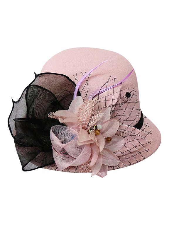 Mesh Floral Wool Fisherman Hat, Retro Round Top Bucket Cap, Autumn Winter Warm Headwear, Women Soft Elegant Stylish Hat for Outing Leisure Gathering Cold Resistant European Head Cap,Pink
