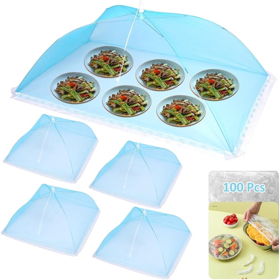 Mesh Food Covers for Outside, 5 Pack Pop-Up Food Tents with 100 Plastic Bowl Covers, Reusable Food Protectors for Picnics, Barbecues, Buffets (Light Blue)