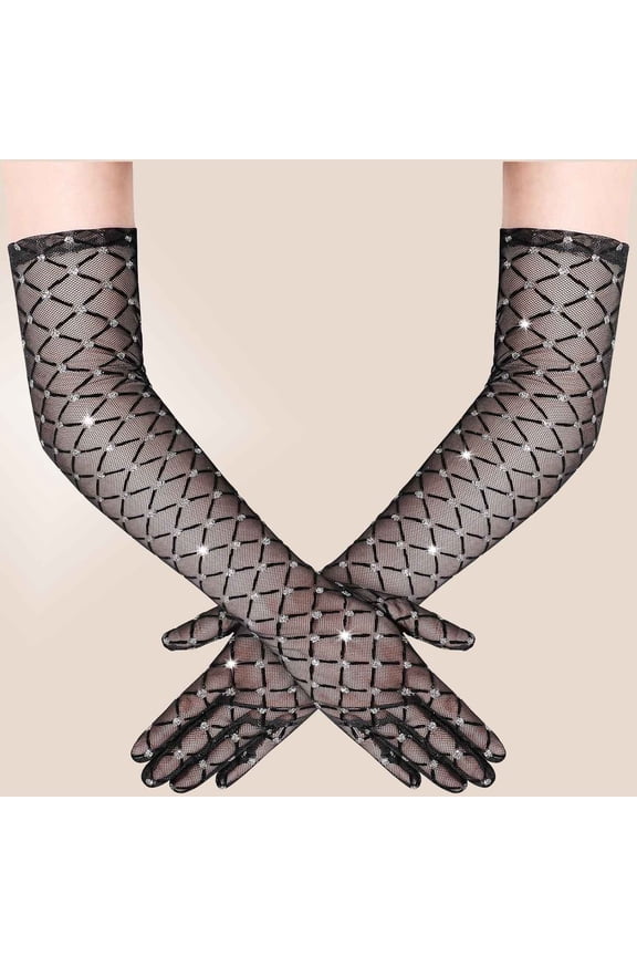 Mesh Gloves for Women - Sheer Sparkly Long Vintage Evening Stretchy Costumes Accessories