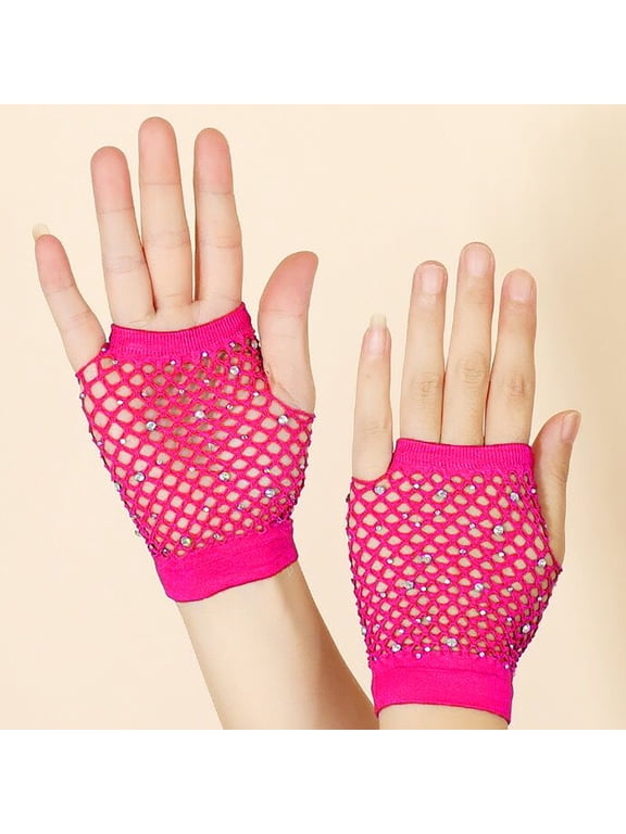 Mesh Half Finger Gloves Women Short Fishnet Stretch Party Punk Gloves Hot Pink by Duoif