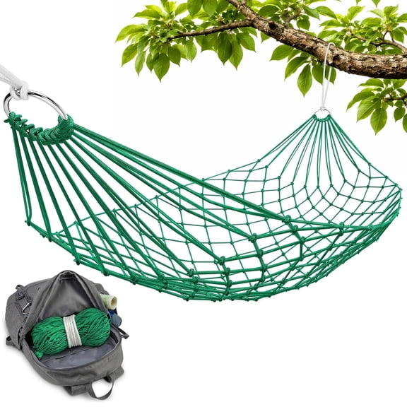 Mesh Hammock - Loop & Lounge Between Two Trees, Rope Hammocks for Outside Camping - No Stand Needed, 220 lb Capacity, Lightweight 13 oz Nylon Net Bed for Backyard Garden Patio Beach Travel, Green