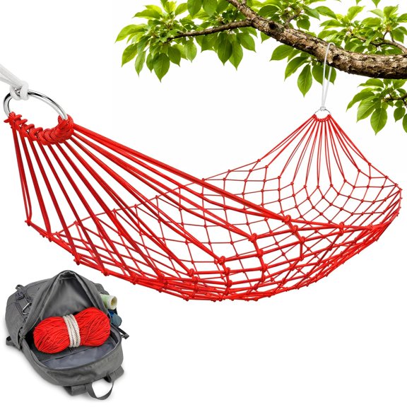 Mesh Hammock - Loop & Lounge Between Two Trees, Rope Hammocks for Outside Camping - No Stand Needed, 220 lb Capacity, Lightweight 13 oz Nylon Net Bed for Backyard Garden Patio Beach Travel, Red