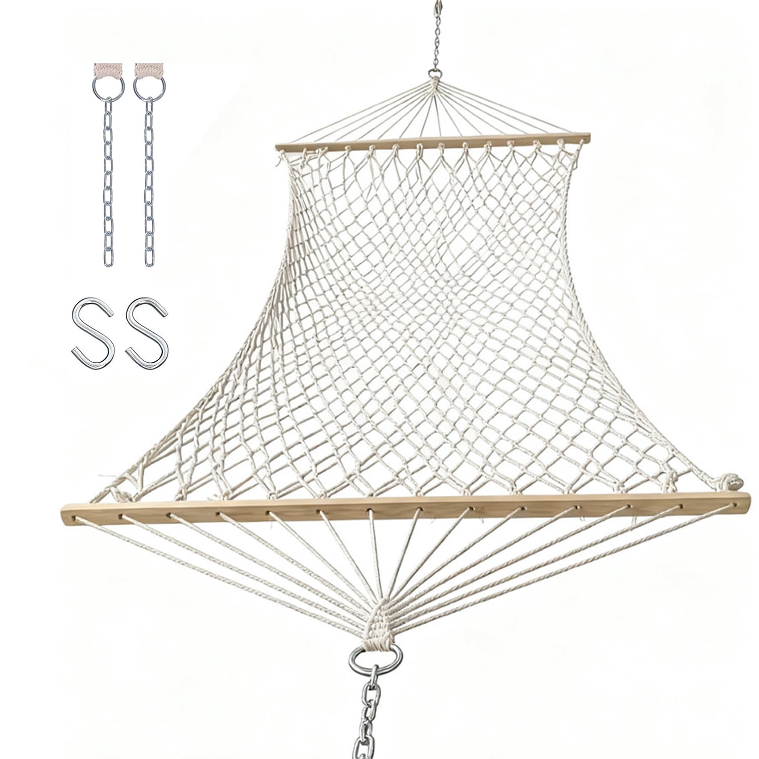 BN-LINK Cotton Rope Hammock,Handwoven Hammock with Hardwood Spreader Bars,Double Hammock for Outdoor Backyard Patio Poolside,330lbs Weight Capacity, Natural