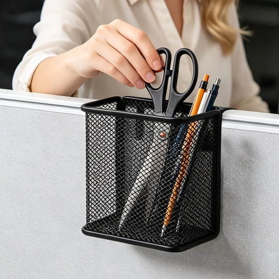 Mesh Hanging Stationery Holder Metal Cubicle Pen Organizer Square Desk Makeup Brushes Storage Caddy for Home Office Bathroom Workers Students Classroom Reception