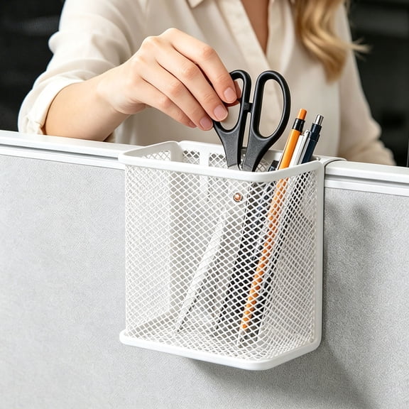 Mesh Hanging Stationery Holder Metal Cubicle Pen Organizer Square Desk Makeup Brushes Storage Caddy for Home Office Bathroom Workers Students Classroom Reception