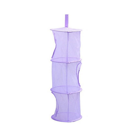 Mesh Hanging Storage Basket With 3 Compartments Foldable Hanging Storage Organizer Net Bag for Toys Storage,Space Saver Sundries Clothes Bra Underwear Socks Drying Basket Laundry Hamper（Purple)