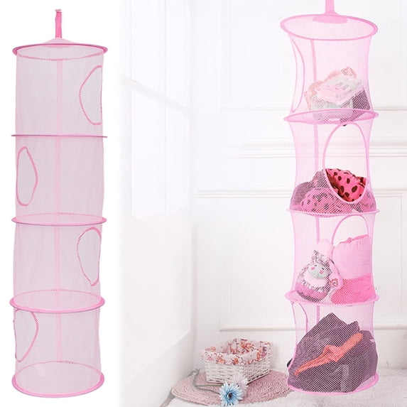 Mesh Hanging Storage Basket with 4 Compartments, 43 Inch Foldable Hanging Storage Organizer Net Bag, Laundry Drying Basket for Toys or Gloves,Shawls, Hats and Mittens, Pink