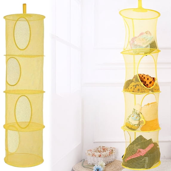 Mesh Hanging Storage Space Saver Bags Organizer,Foldable Storage Organizer 4 Compartments Toy Storage Basket for Kids Room Bathroom 1 Sets Yellow