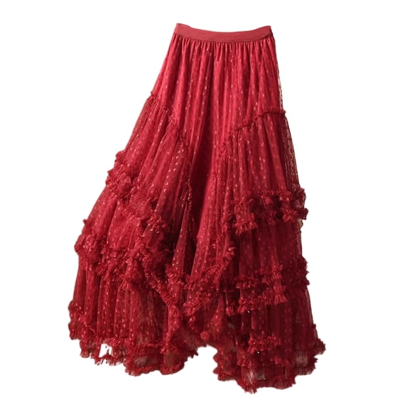 Mesh Heart Printed Skirt Women Elastic High Waist Skirt Elegant Tulle A Line Ruffle Party Skirt Long Summer Saia Feminina