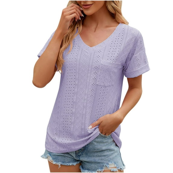 Mesh Hole Blouses Short Sleeve V Neck Tops for Women Casual Shirts with Pocket Slim Fit Solid Trendy Tees Purple,S