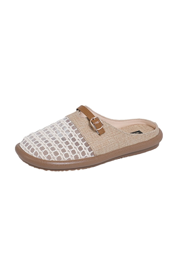 Mesh Hollow Bag Head Half Slippers Women Comfort Slip On Shoes with Adjustable Buckle Summer Breathable Leisure White 36