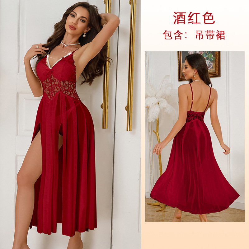 Saashi Contrast Lace Ruffle Trim Lingerie Set Deep V Slip Dress main image 0