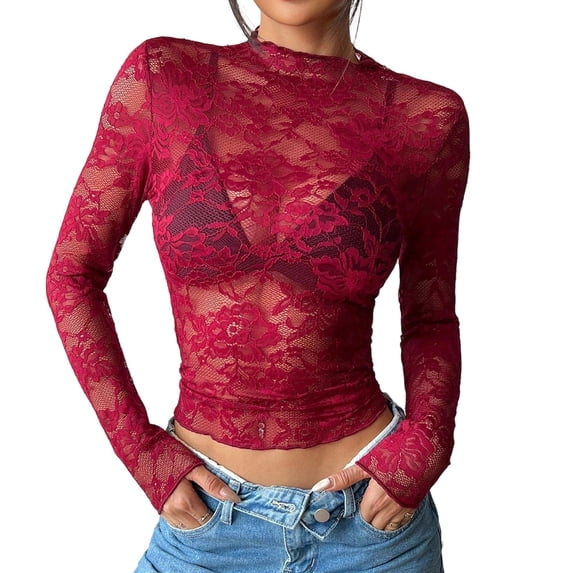 Mesh Lace Tops Long Sleeve Shirts for Women Sexy See Through Pullover O Neck Slim Fitted Party Club Outfits