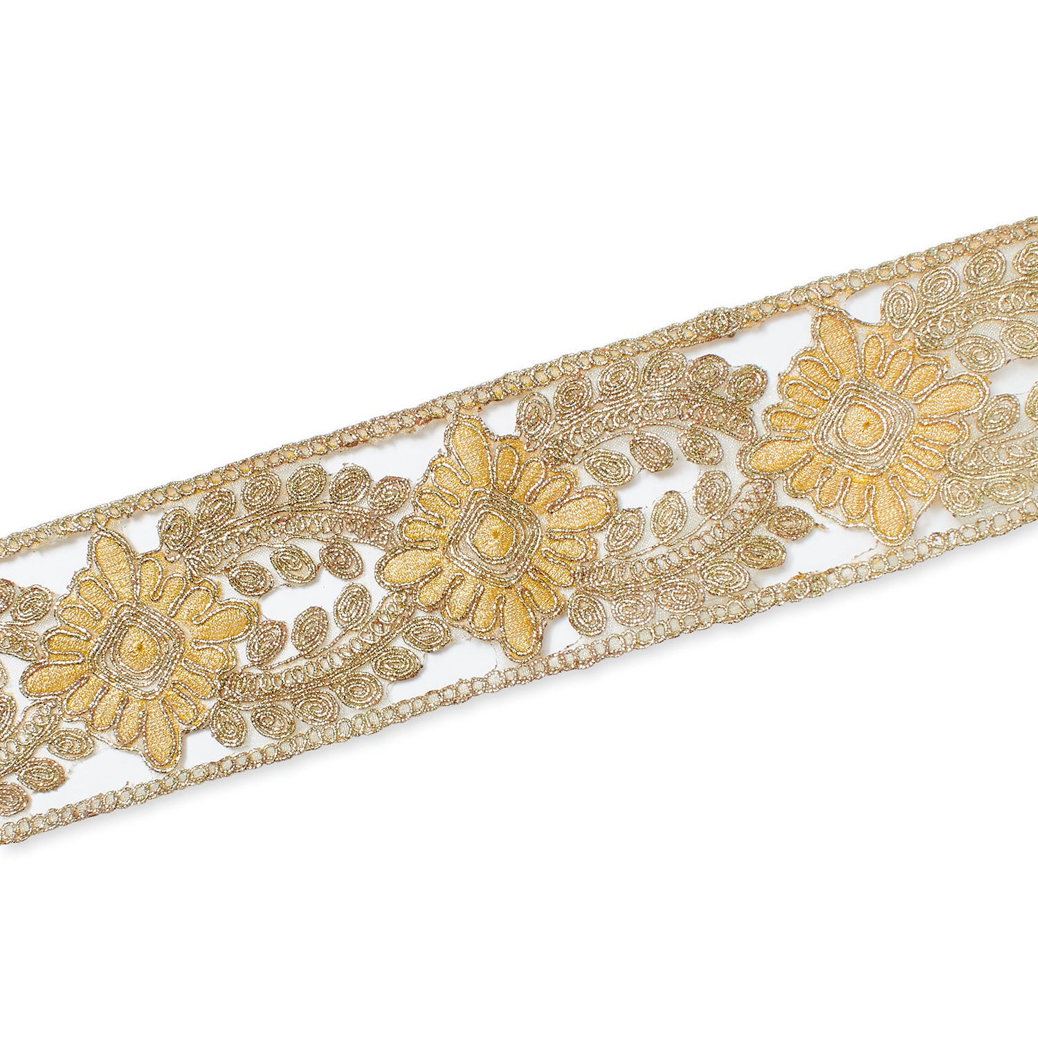Mesh Lace Trim 2.5 Inch Sheer Floral Metallic Corded Embroidery 9.8 Yard (9 Meter) Pack - Gold, 5 Packs