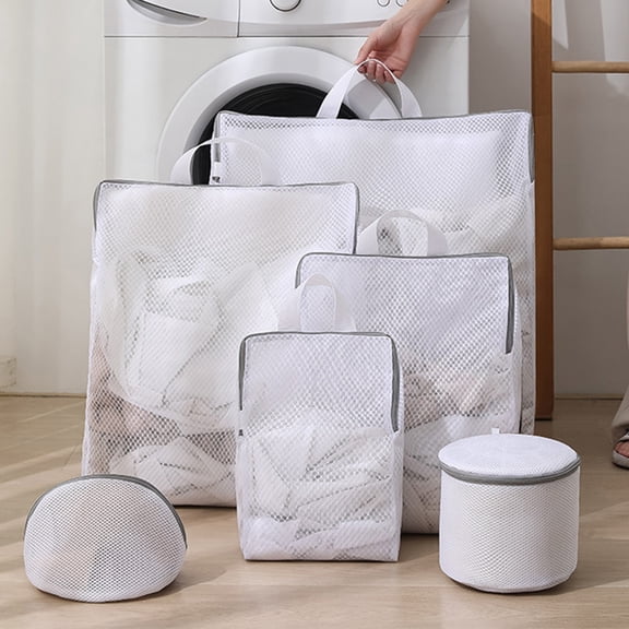 Mesh Laundry Bags 6-Pack | Wash Delicates Lingerie Hosiery | Large Medium Small Extra Large Triangle Circle | Zipper Closure White