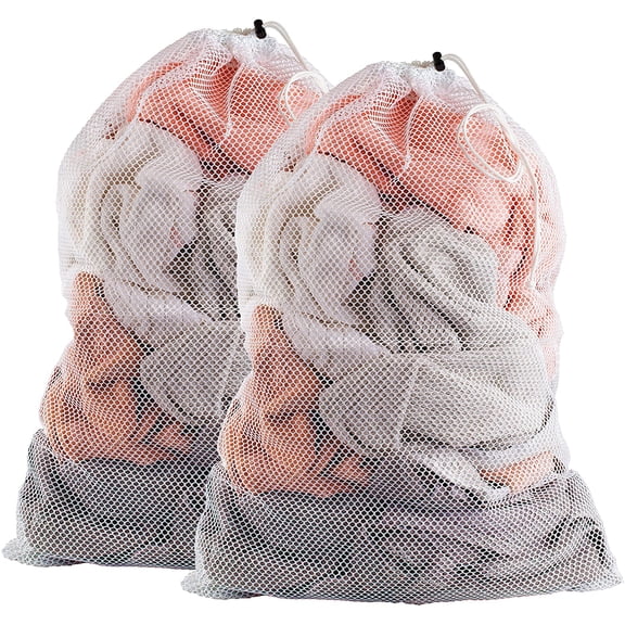 Mesh Laundry Bags for Delicates, XL 24" x 36" – Heavy Duty, Machine Washable, Foldable Drawstring Bags for Dirty Clothes, Travel, College Dorms, Laundromats, Storage – 2 Pack, White