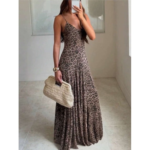 Mesh Leopard‑Print Spaghetti‑Strap Zipper Mini Dress for Women, French‑Style Elegant Outfit for Daily, Vacation and Party