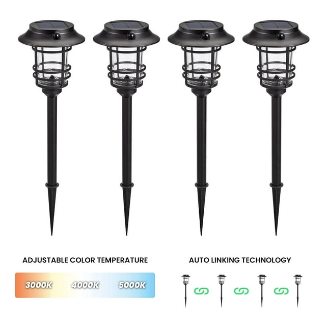 Mesh Linkable Series 4-Pack Solar LED Security Pathway Light w/ LiFePO4 Battery, 300LM, Auto-Linking, 110°x16 ft Motion Detection, CCT 3000K/4000K/5000K, 4-Channel Settings, Stainless Steel, Black