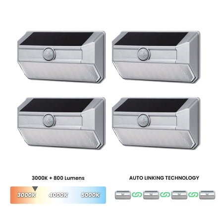 Mesh Linkable Series 4-Pack Solar SMD LED Security Wall Pack Light, 800LM, Auto-linking, 120°x26 ft Motion Detection, 3000K, Customizable 4-Channel Settings, Silver