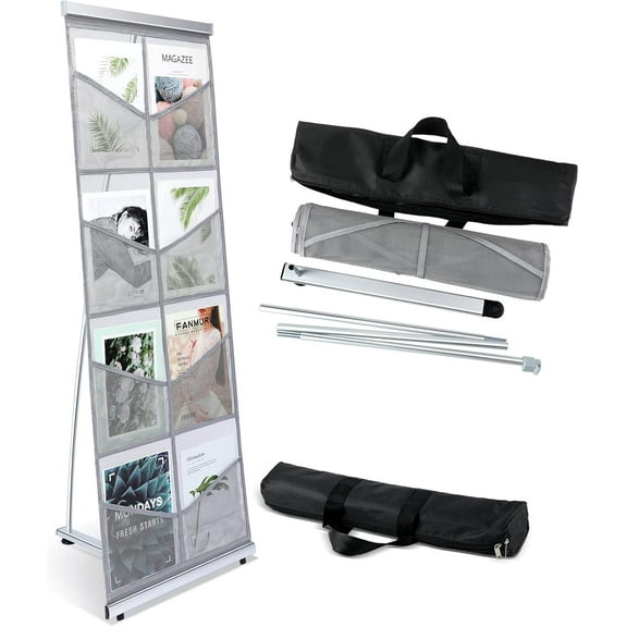 Mesh Literature Brochure Holder with 8 Pocket Portable Magazine Display Roll Up Magazine Rack Lightweight Floor Standing Catalog Office Brochure Display Stand for Business Trade Shows
