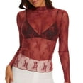 thumbnail image 1 of Mesh Long Sleeve Layering Top For Women Neck Floral Embroidery Sheer See Through Tee Shirt Blouse, 1 of 4