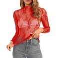 thumbnail image 1 of Mesh Long Sleeve Layering Top For Women Neck Floral Embroidery Sheer Tee Shirt Blouse, 1 of 2