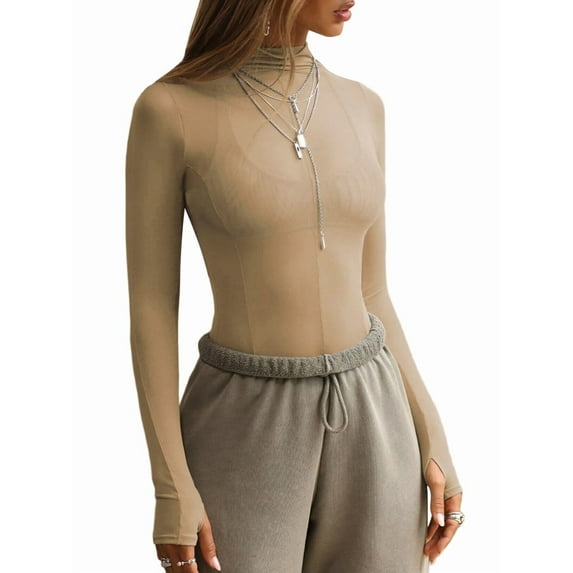 Mesh Long Sleeve Top for Women, Lace Sheer Tops See Through Mock Neck Floral Embroidery Sheer Blouce Shirt XL