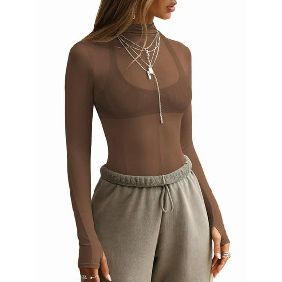Mesh Long Sleeve Top for Women, Lace Sheer Tops See Through Mock Neck Floral Embroidery Sheer Blouce Shirt Coffee S