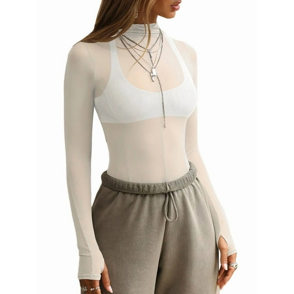 Mesh Long Sleeve Top for Women, Lace Sheer Tops See Through Mock Neck Floral Embroidery Sheer Blouce Shirt White L