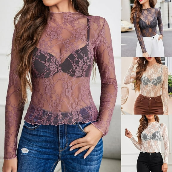 Mesh Long Sleeve Top for Women, Lace Sheer Tops See Through Neck Floral Embroidery Sheer Lace Fishnet Shirt, Size L