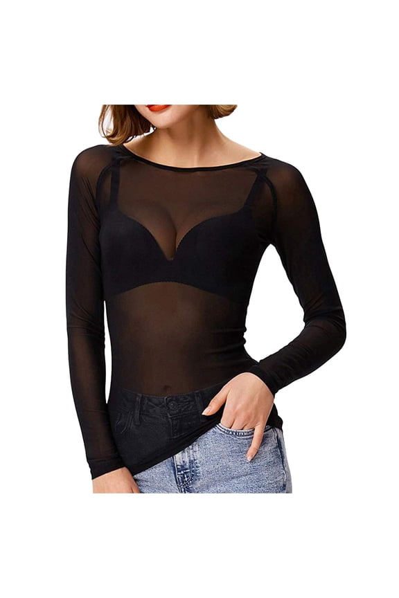 Mesh Long Sleeve Tops for Women Long Sleeve Layering Mock Neck Sheer See Through Womens Golf Shirt,Black,2XL