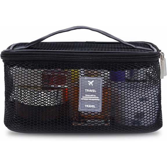 Mesh Makeup Bag, Breathable Bags with Zipper, Travel Lightweight Make Up Organizer Mesh, Toiletry Bag with Handle for Women Girls , Black