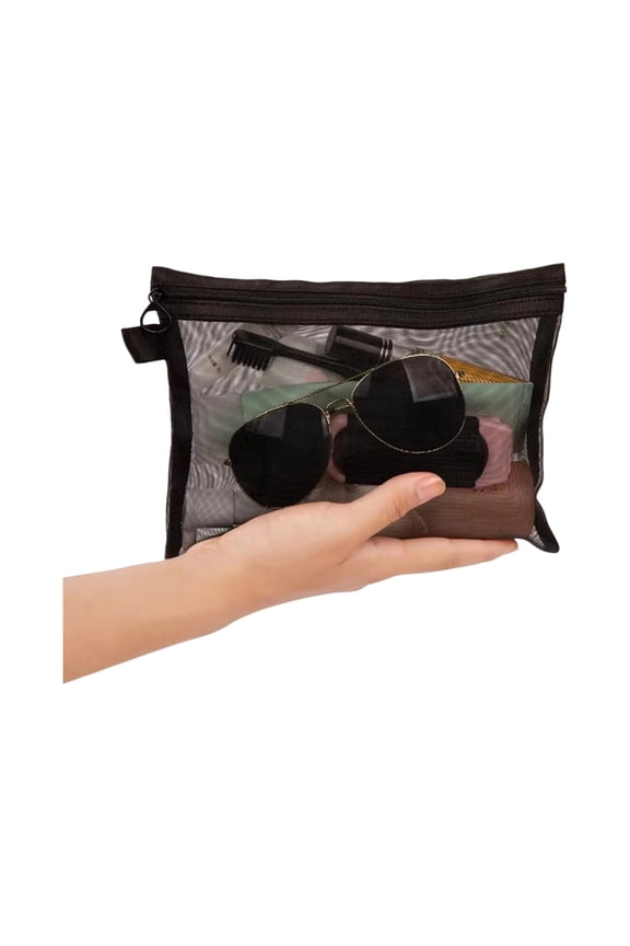 Mesh Makeup Bag, Medium 9 x 6 Inch Black Nylon Toiletry Organizer with Zipper Portable See-Through Cosmetic Pouch for Travel Purse and Daily Essentials Storage, Black