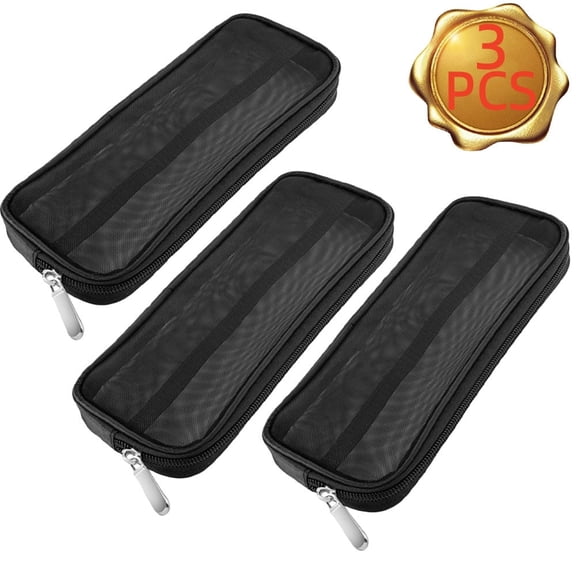 Mesh Makeup Brush Bag, 9 x 3.75 Inch Portable Travel Toiletry Holder with Zipper, Black, 3 Pcs