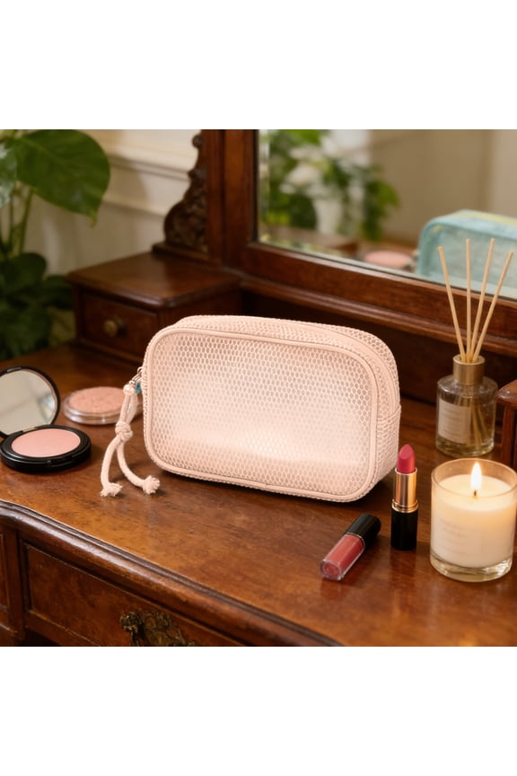 Mesh Makeup Pouch Bags,Travel Cosmetic Organizer with Breathable Transparent Design,Zipper Closure,Multipurpose Storage for Lipstick,Toiletries,Jewelry,Office Supplies,Travel and Home Use-Pink