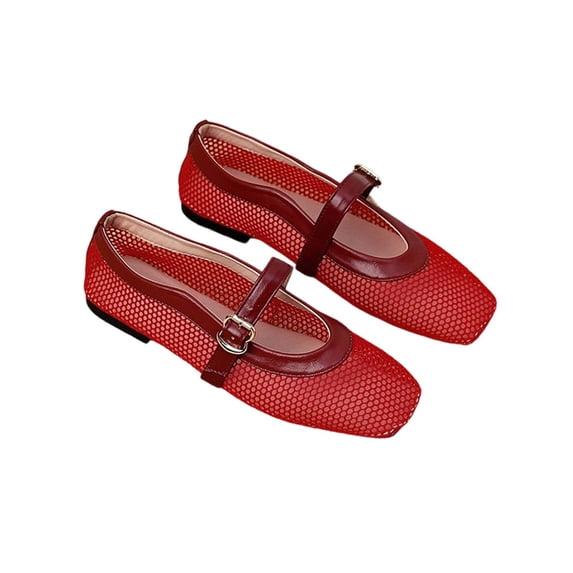 Mesh Mary Jane Ballet Flats Square Toe Adjustable Buckle Hollow Slip On Light Summer Casual Shoes Beach Sightseeing